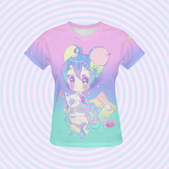Fairy Kei Kawaii Chibi Shirt displayed on colourful background