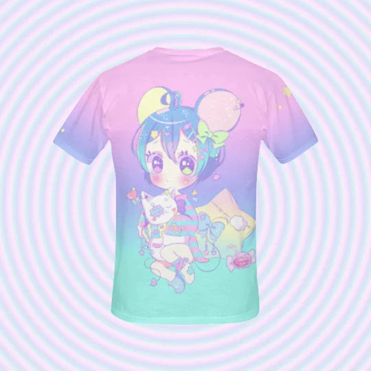 Fairy Kei Kawaii Chibi Shirt displayed on colourful background