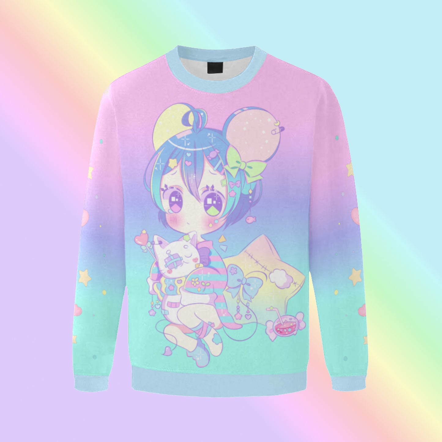 Yami kawaii sweatshirt with chibi print on rainbow background.