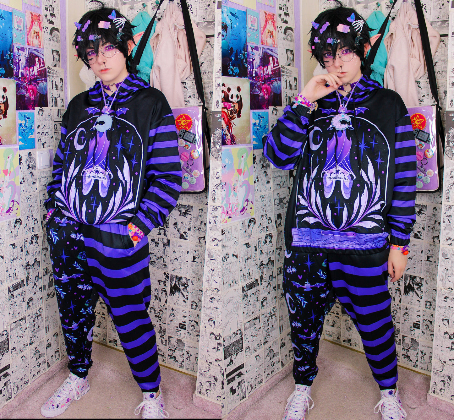 Model wearing a pastel goth joggers and hoodie with black and purple colors and creepy cute bat and moon desing