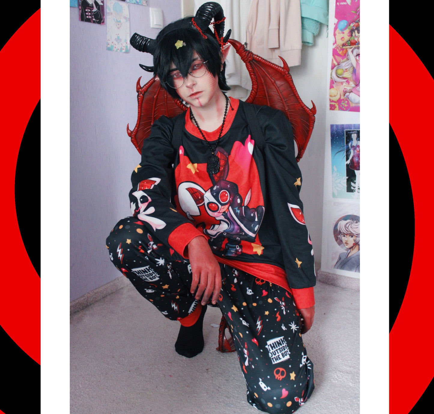model wearing demon pant Yami Kawaii Black Red joggers and Yume Kawaii bunny sweatshirt