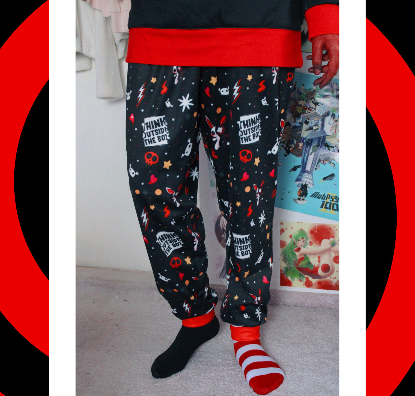 model wearing demon pant Yami Kawaii Black Red joggers
