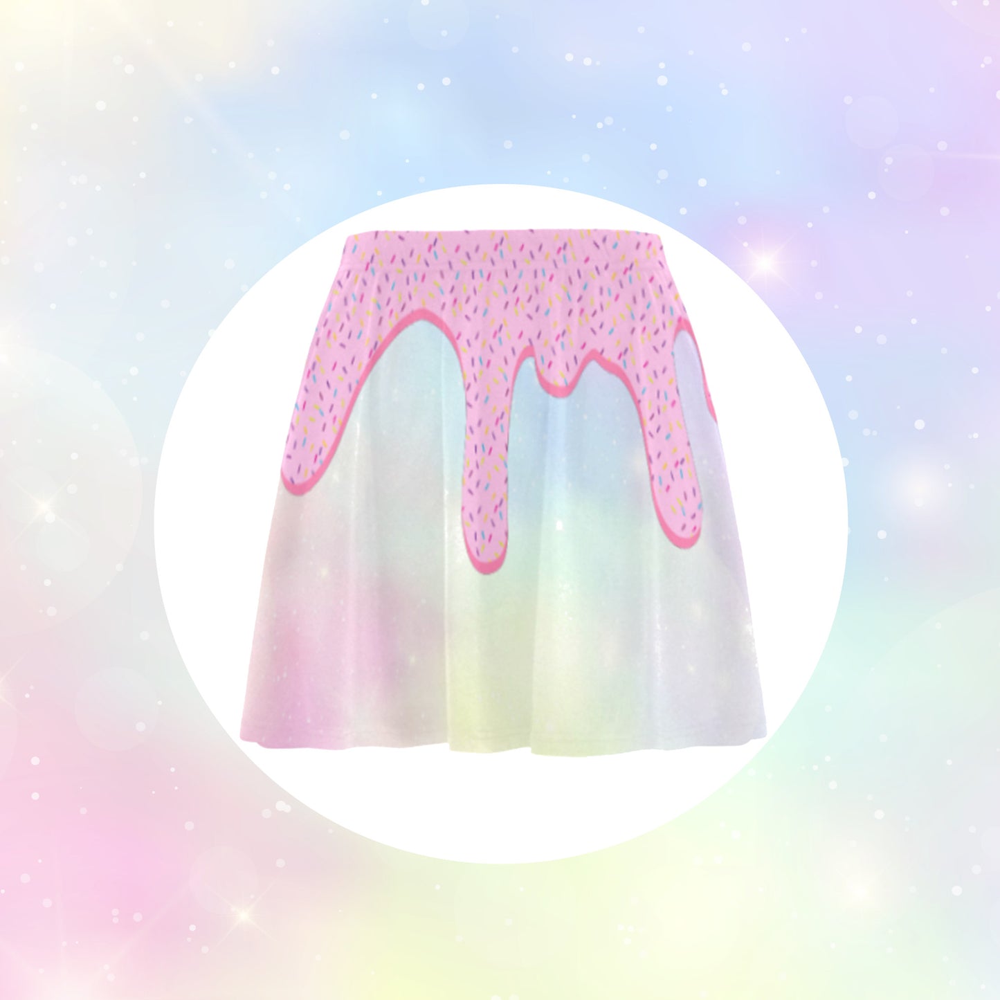 rainbow donuts kawaii skater skirt displayed on coloured background.