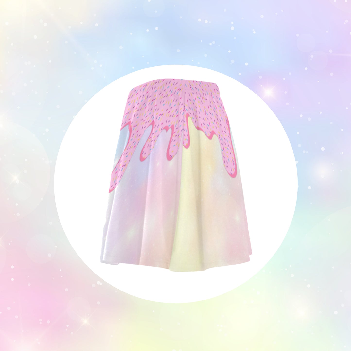 rainbow donuts kawaii skater skirt displayed on coloured background.