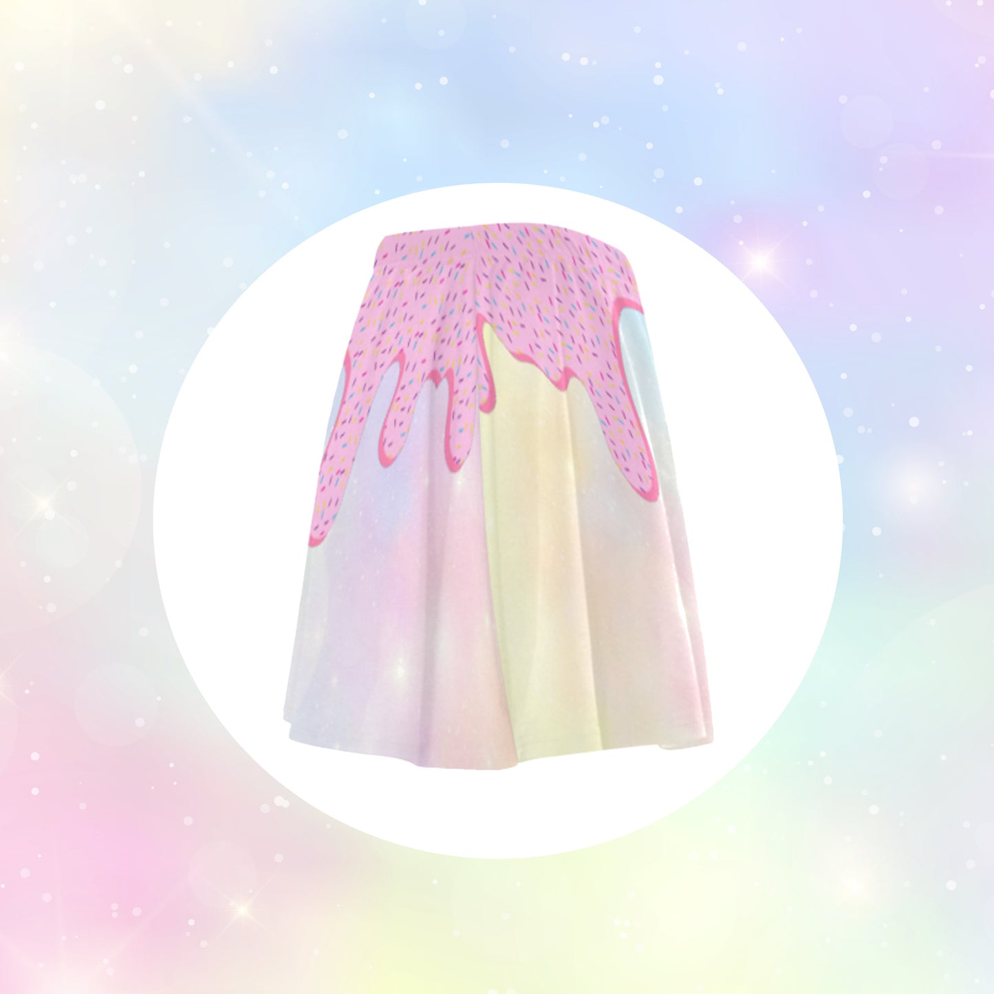 rainbow donuts kawaii skater skirt displayed on coloured background.