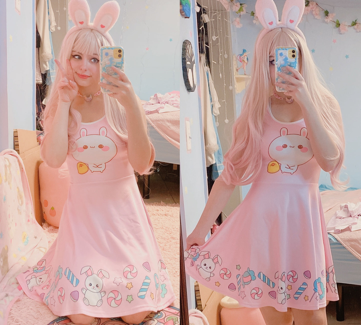 young model wearing a cute fairy kei Kawaii bunny skater dress