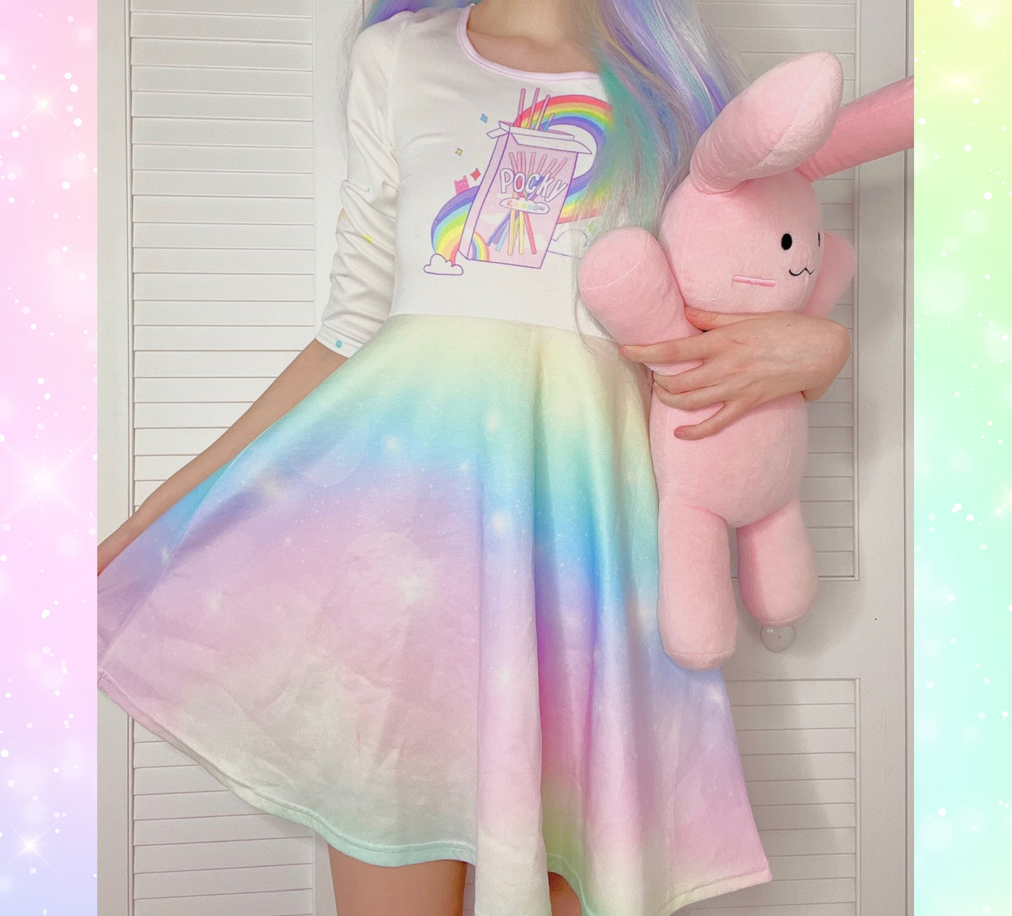young model wearing fairy kei Kawai pocky rainbow long sleeves dress