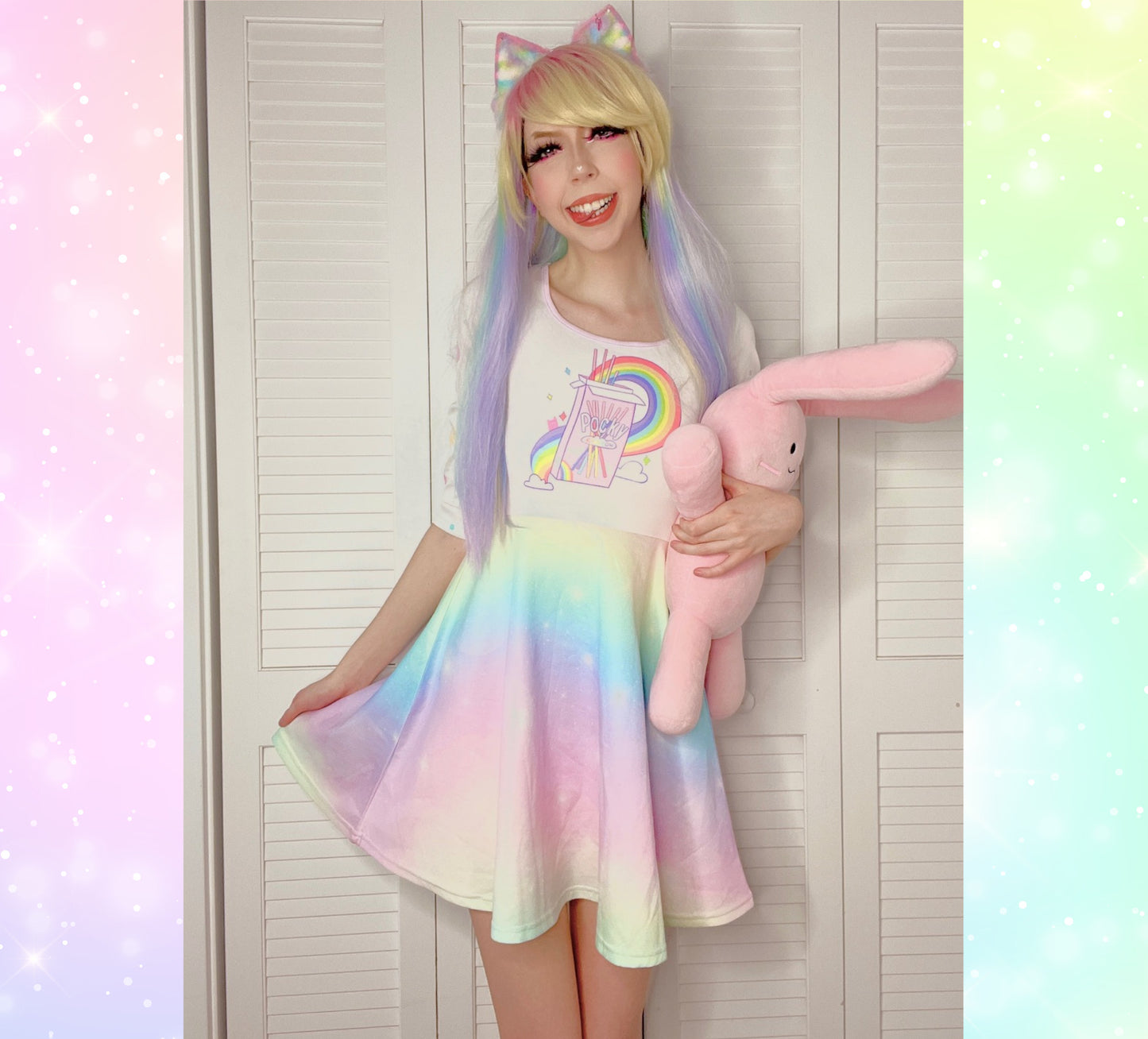 young model wearing fairy kei Kawai pocky rainbow long sleeves dress