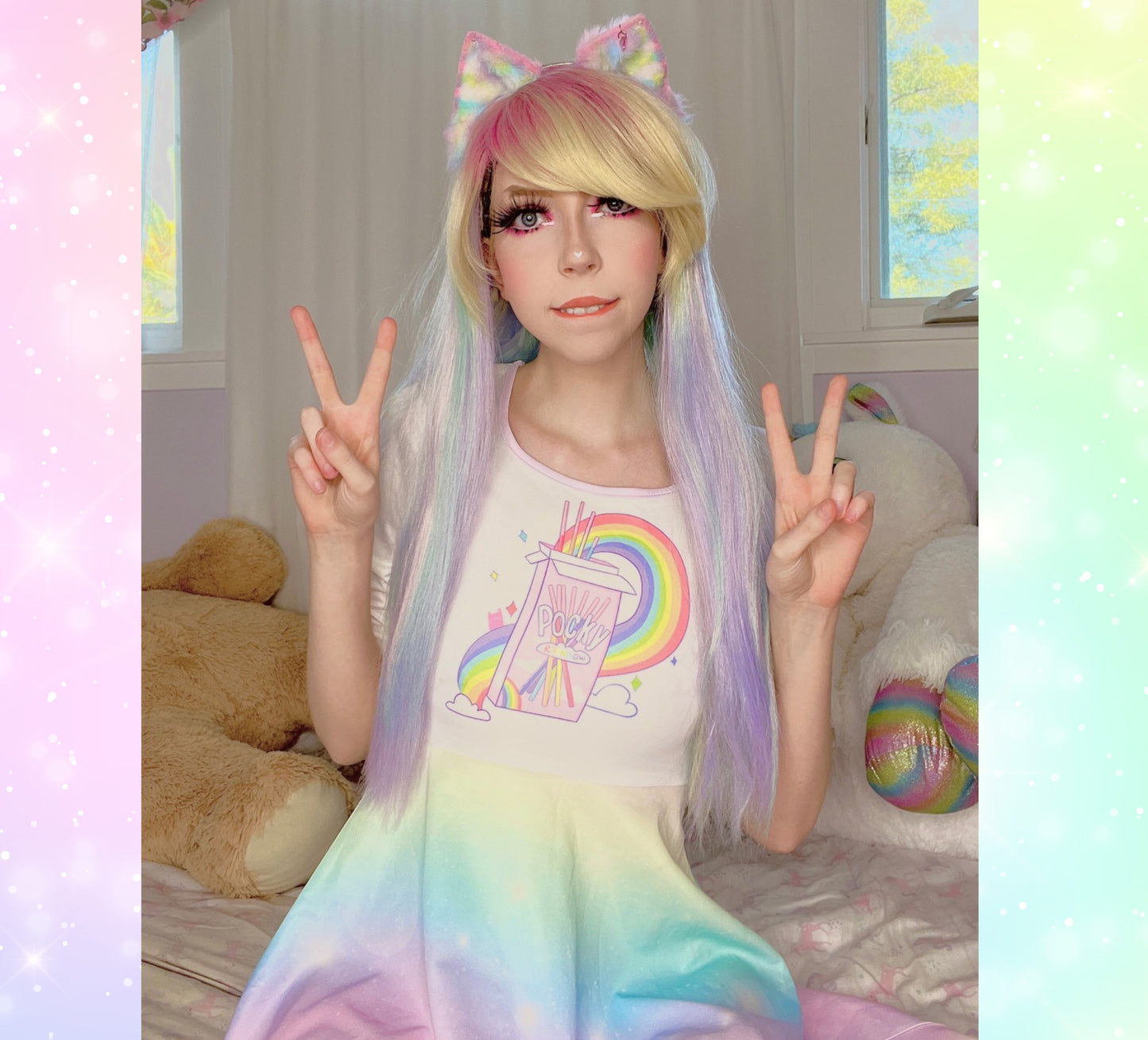young model wearing fairy kei Kawai pocky rainbow long sleeves dress
