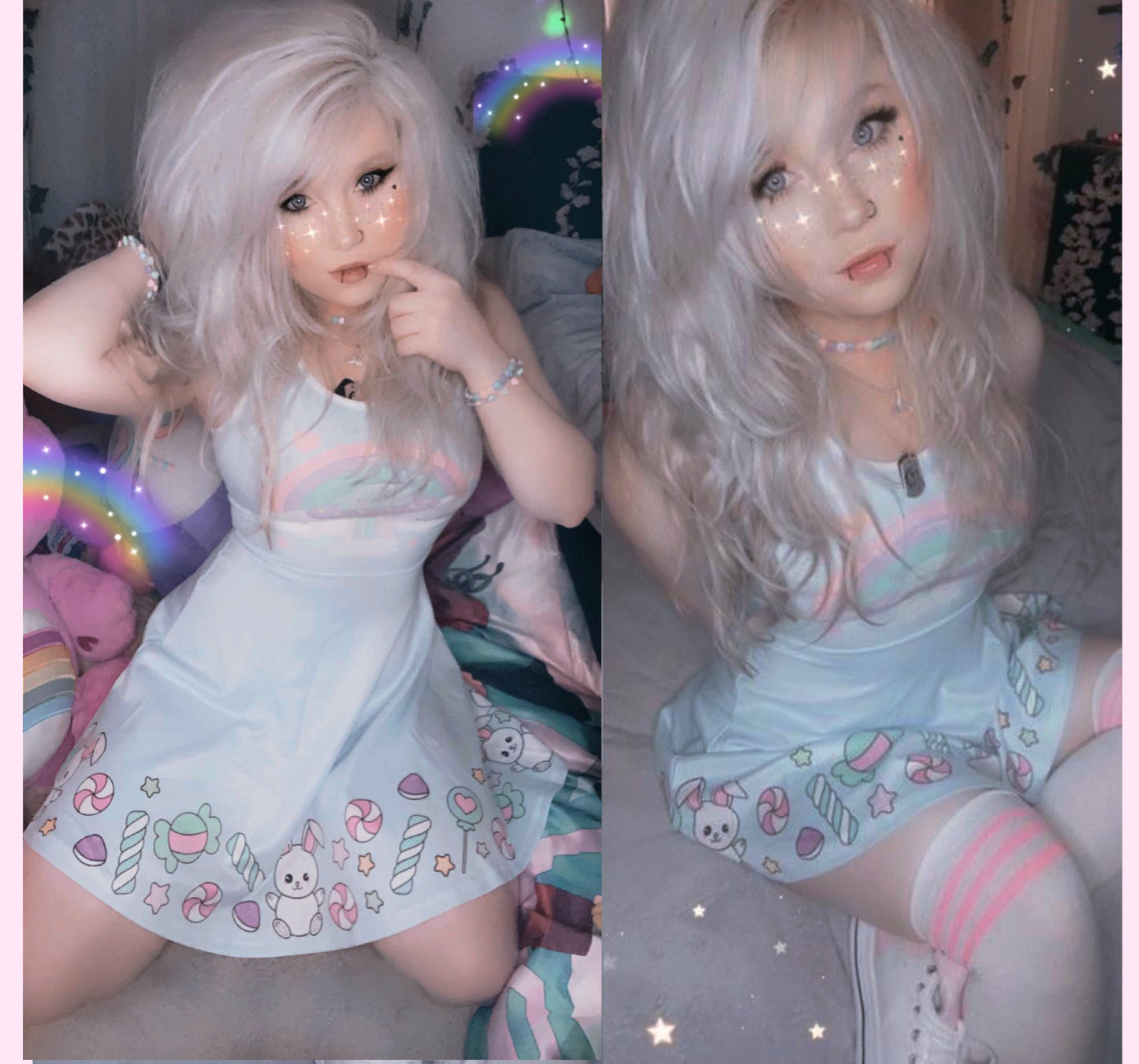 young model wearing a cute fairy kei yami Kawaii rainbow blue skater dress