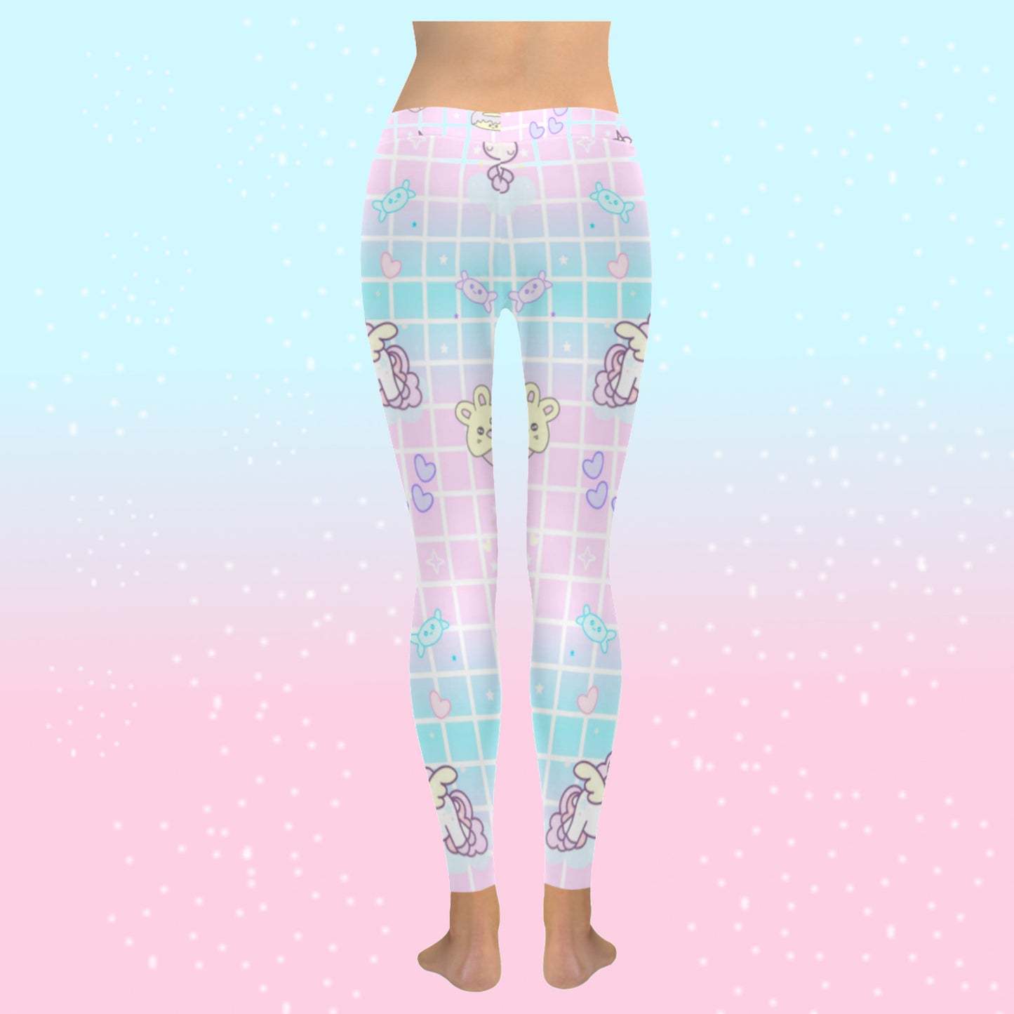 model wearing cute unicorn kawaii leggings on pink and blue background