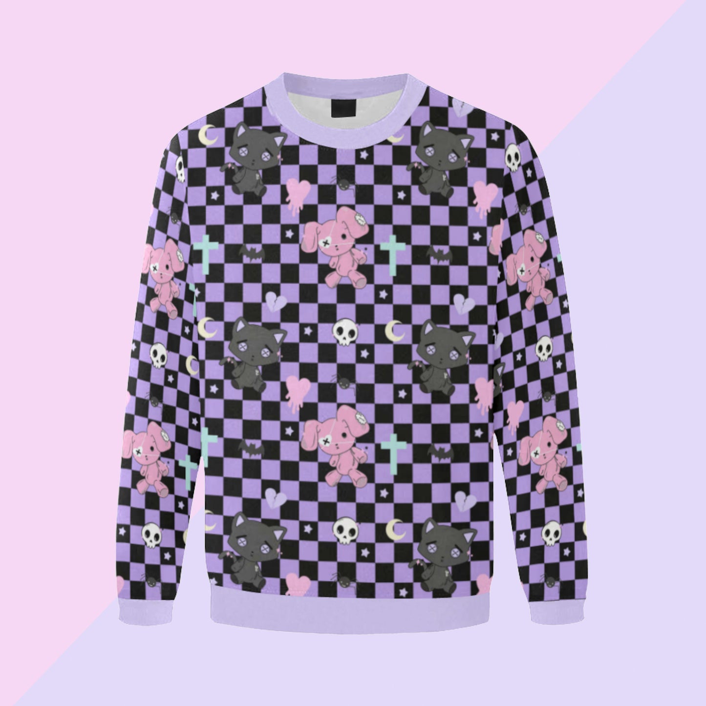 kawaii sweatshirt with chibi print on pastel background