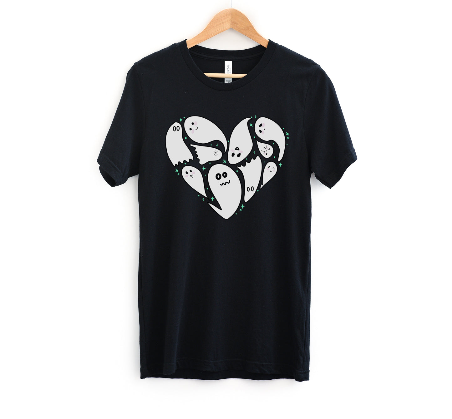 Black t-shirt with Halloween ghost design on a white background