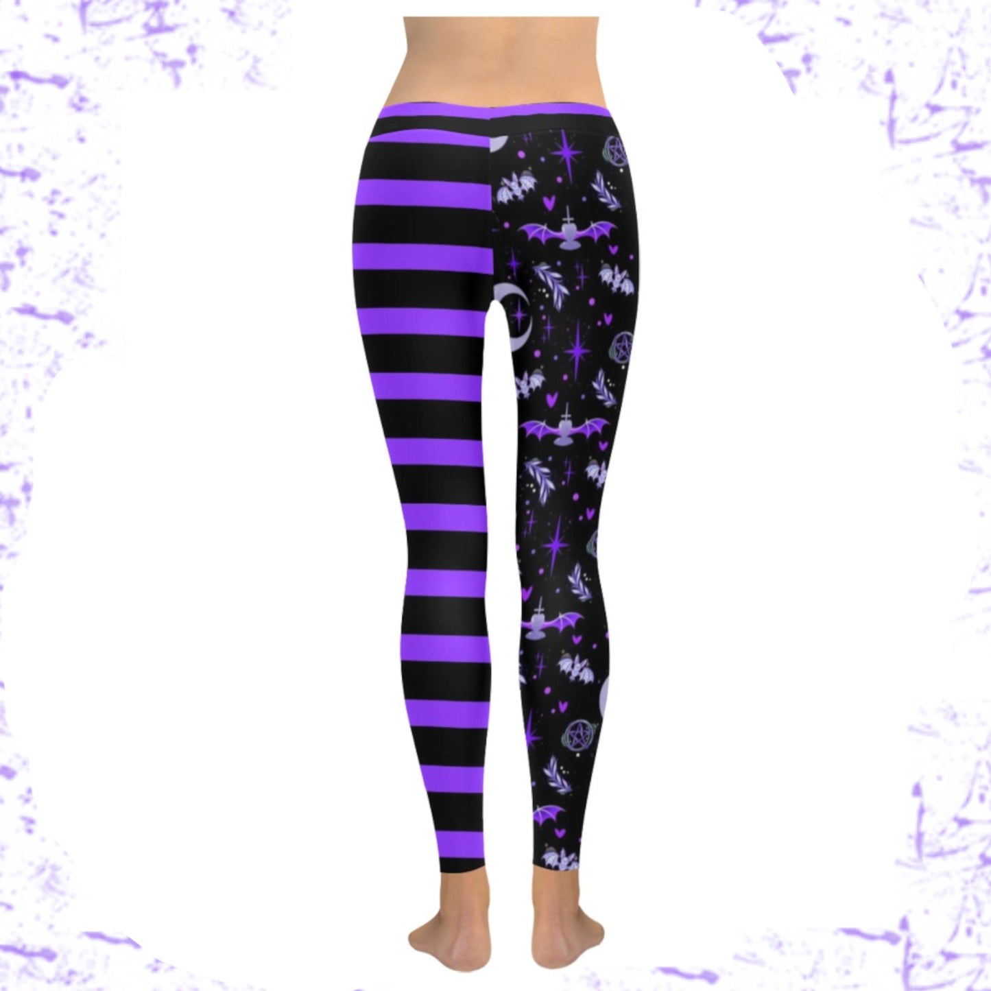 Purple and black pastel goth bat leggings displayed on clean white background.