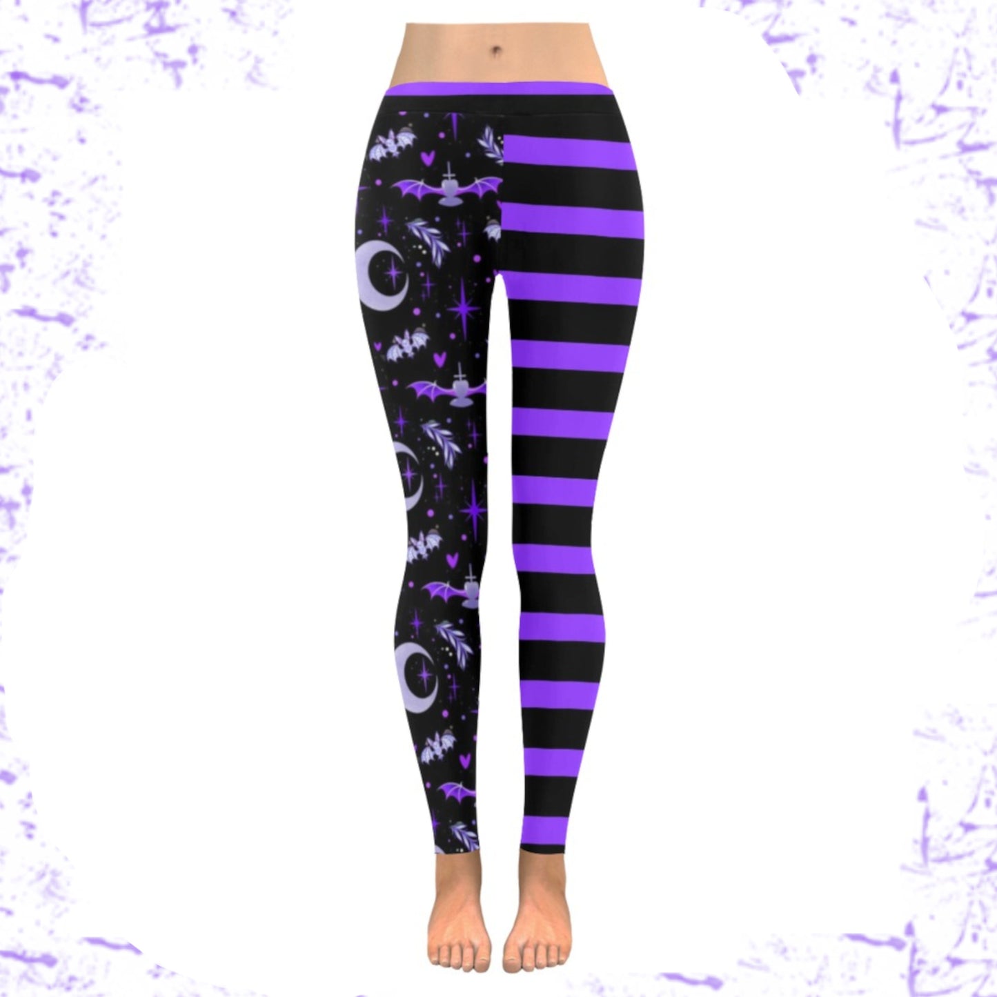 Purple and black pastel goth bat leggings displayed on clean white background.