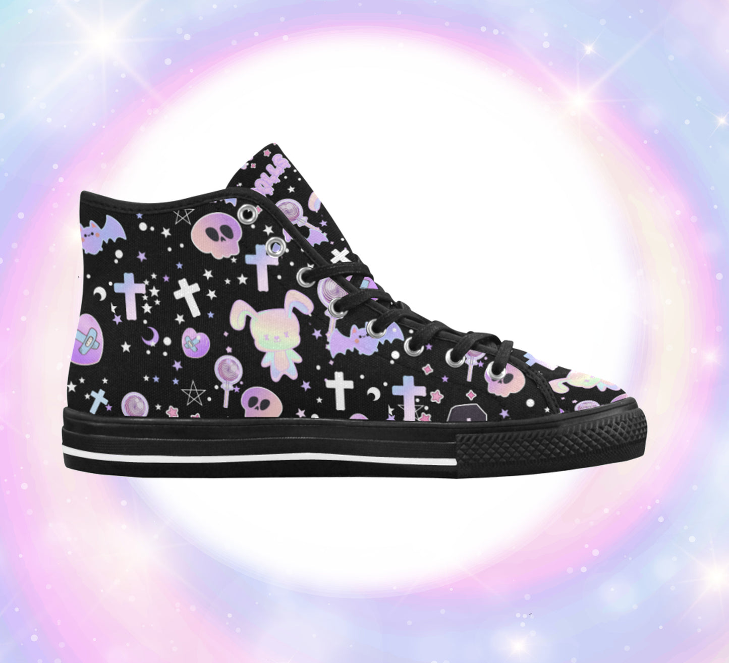 Close-up of cute pastel-colored shoes with decorative elements, displayed on a colourful background