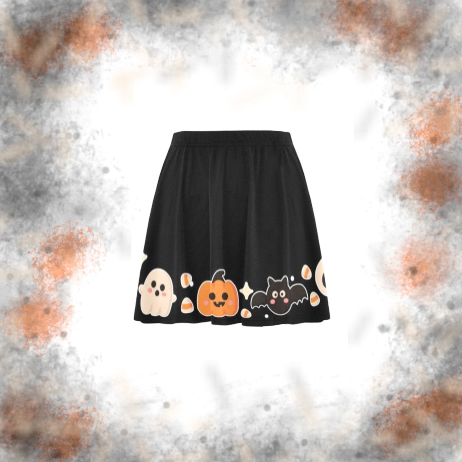 Black skirt with Halloween-themed graphics on a textured background