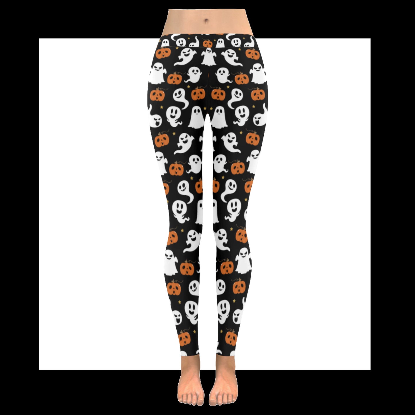 Halloween-themed leggings with ghosts and pumpkins on a black background