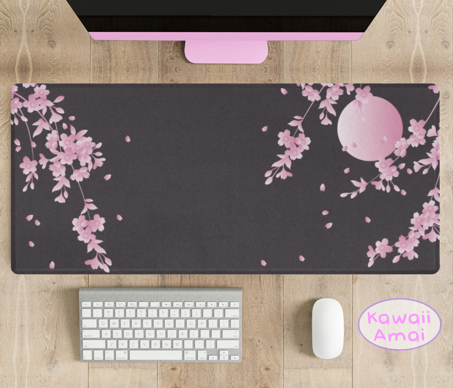 Soft kawaii desk mat with adorable floral design on a tidy workspace