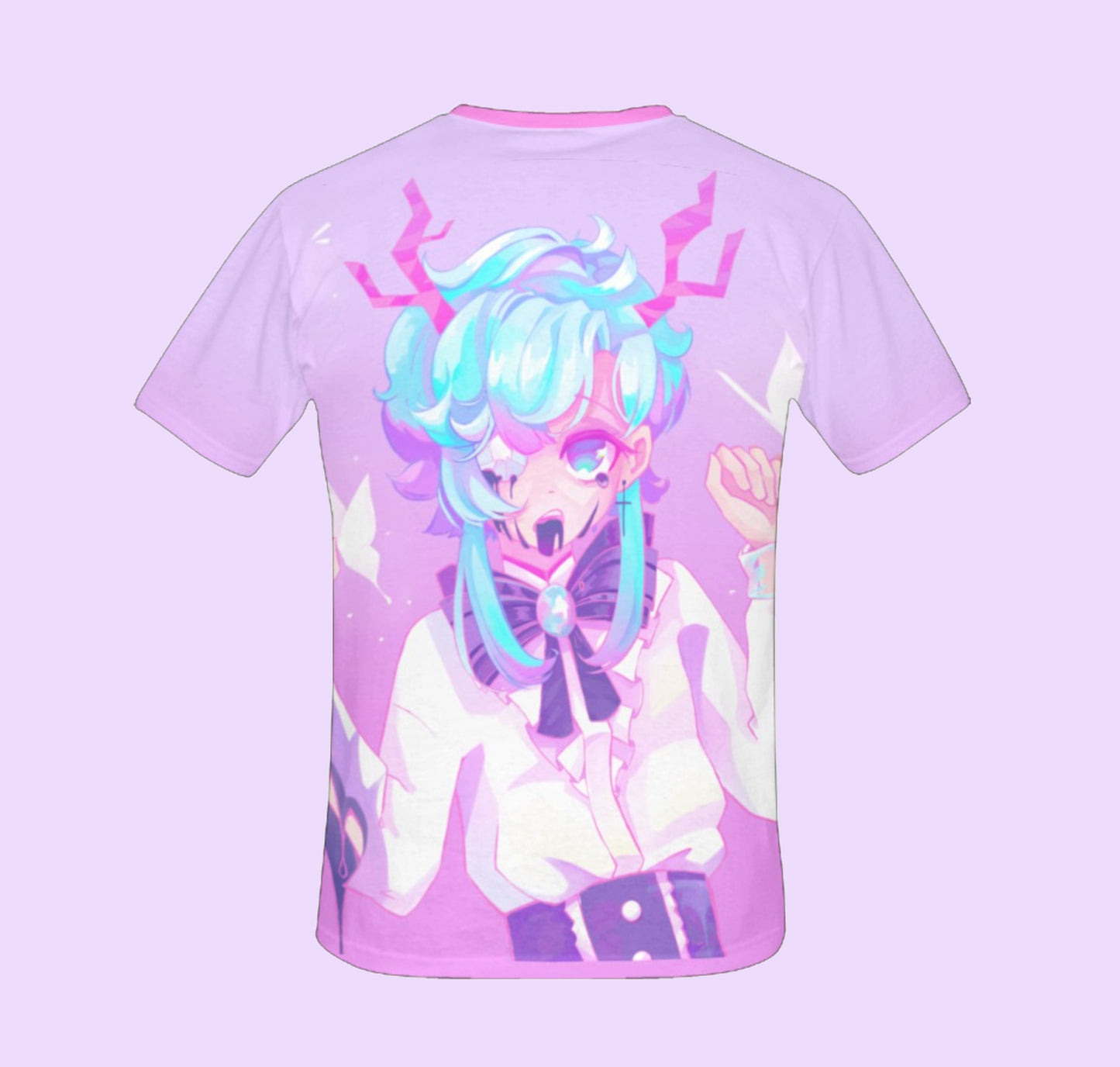 back of spooky pastel goth kawaii t-shirt displayed on a purple background.