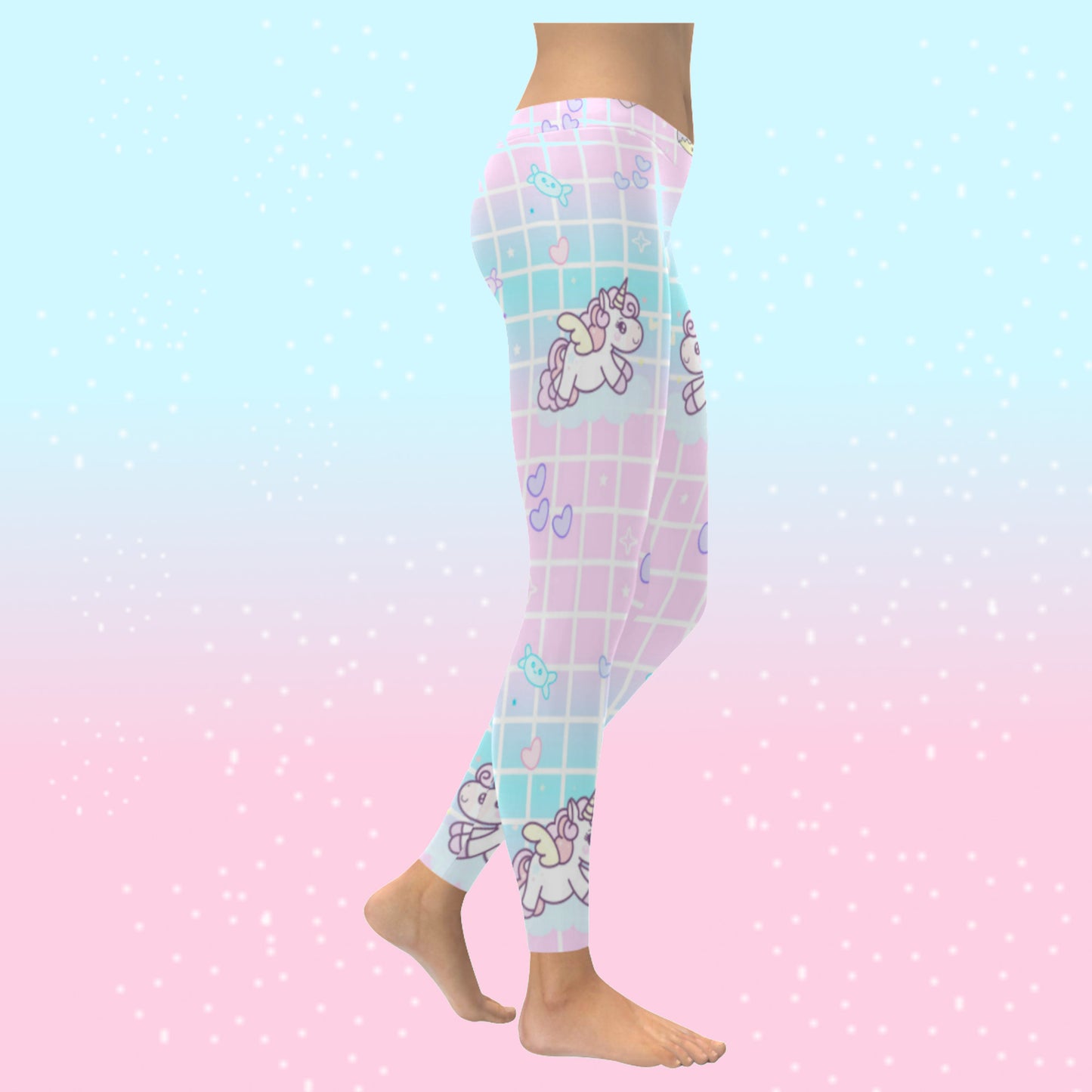 model wearing cute unicorn kawaii leggings on pink and blue background