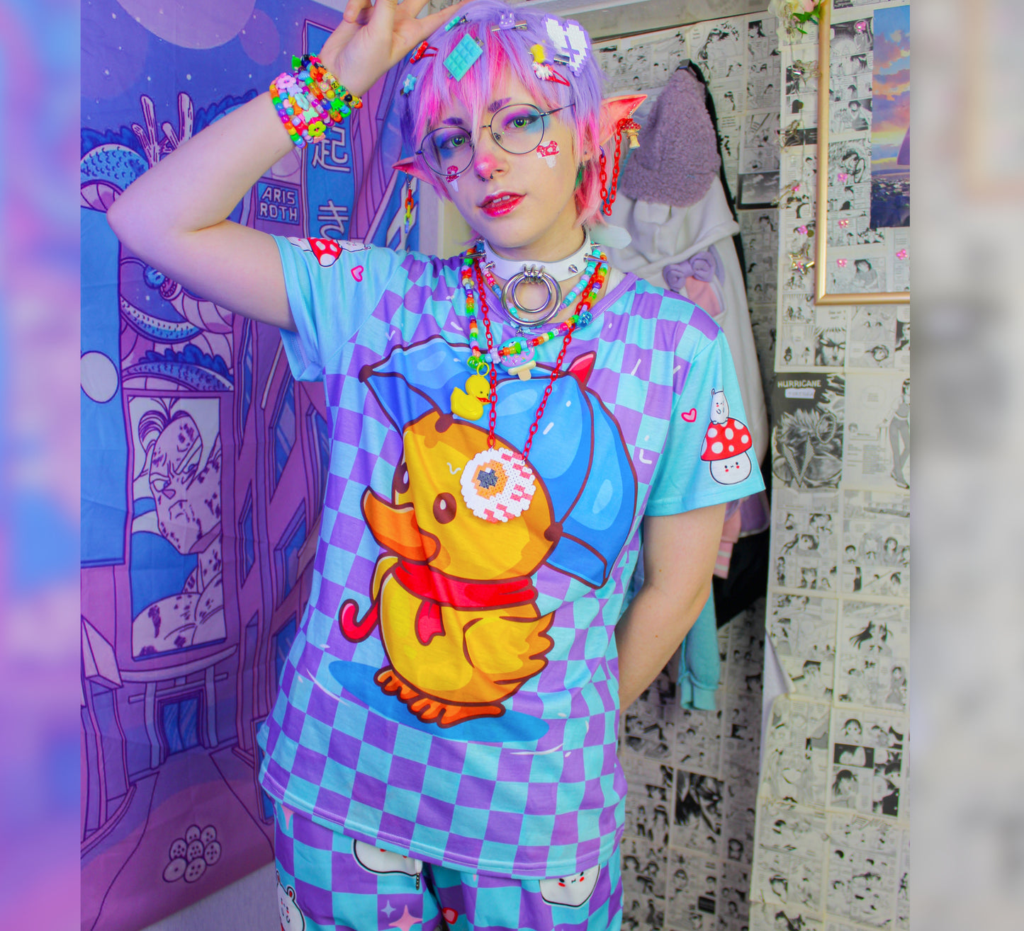 Young boy wearing kidcore Harajuku Rainbowcore checkered duck t-shirt