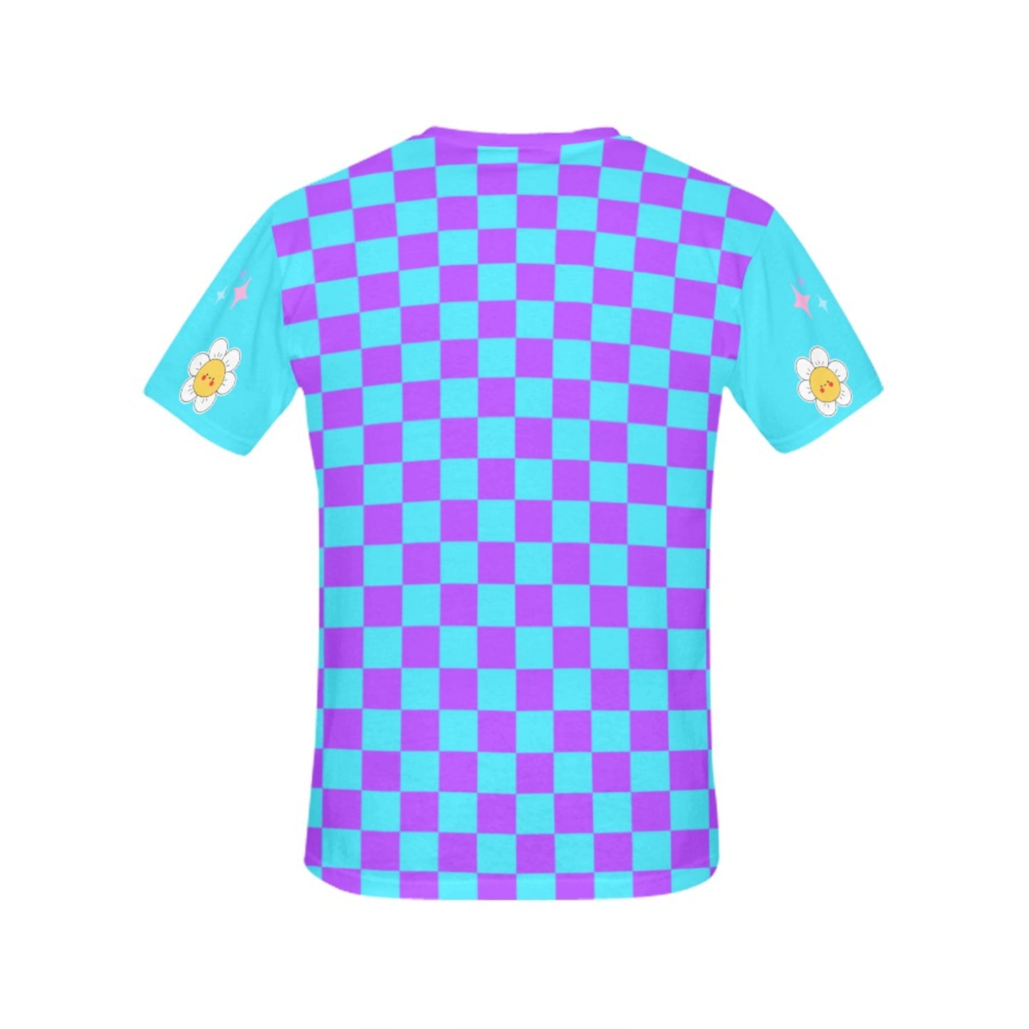kidcore Harajuku Rainbowcore checkered duck t-shirt on white background.