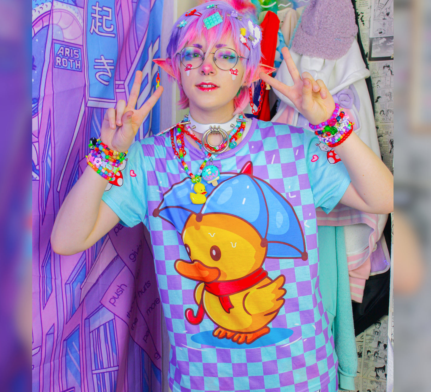 Young boy wearing kidcore Harajuku Rainbowcore checkered duck t-shirt