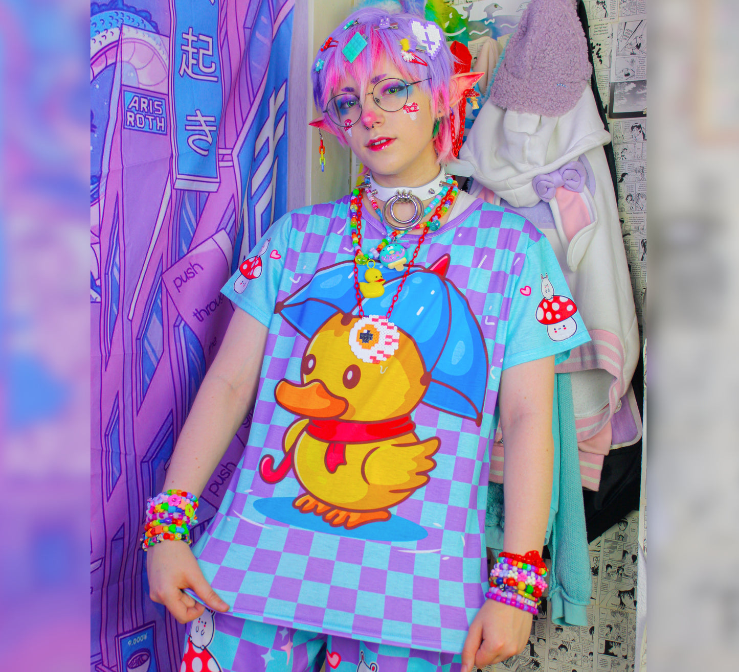 Young boy wearing kidcore Harajuku Rainbowcore checkered duck t-shirt