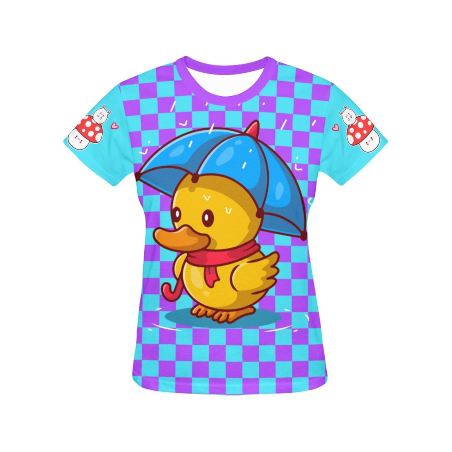 kidcore Harajuku Rainbowcore checkered duck t-shirt on white background.
