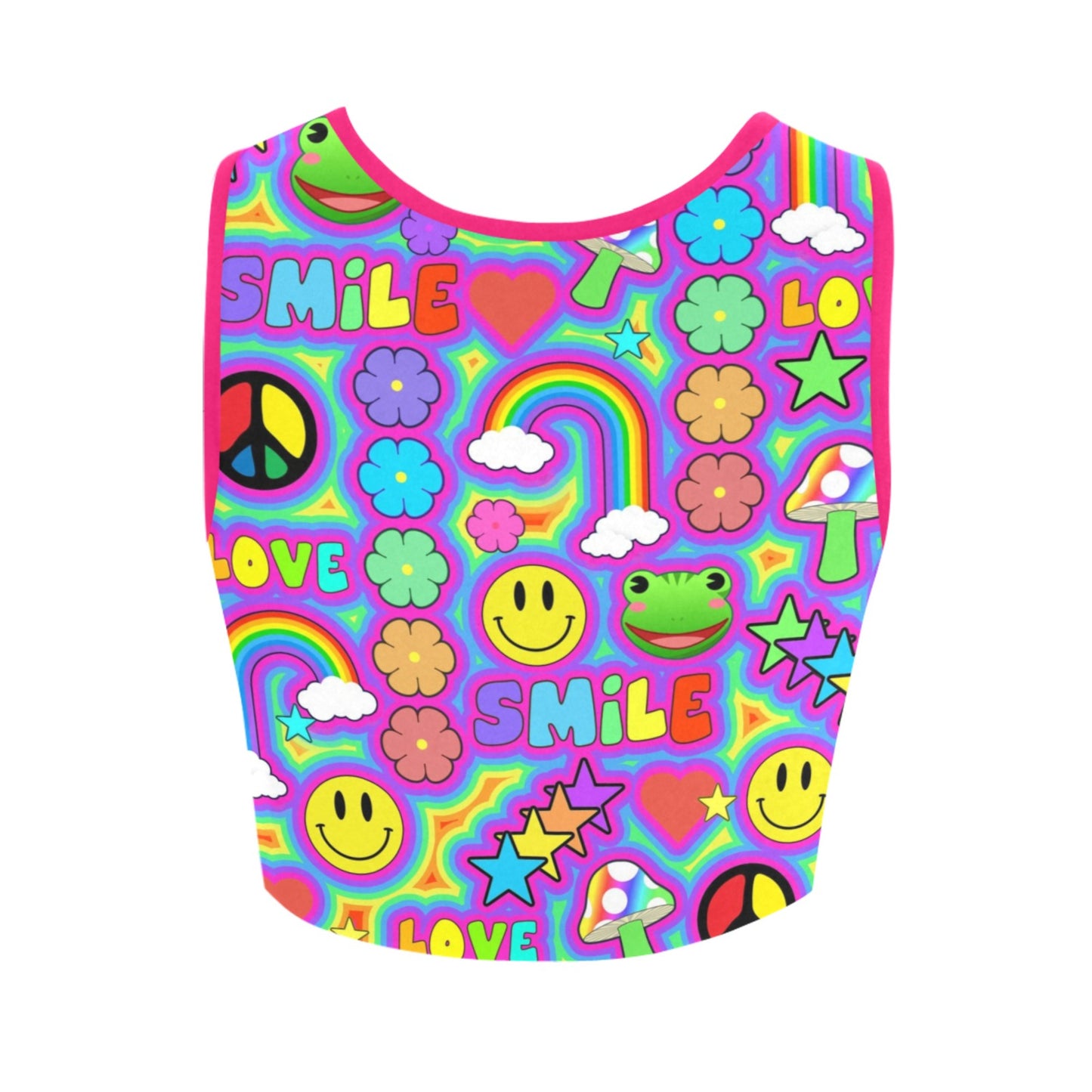 Kidcore_Rainbowcore_Harajuku_trippy rainbow love crop top on white background.