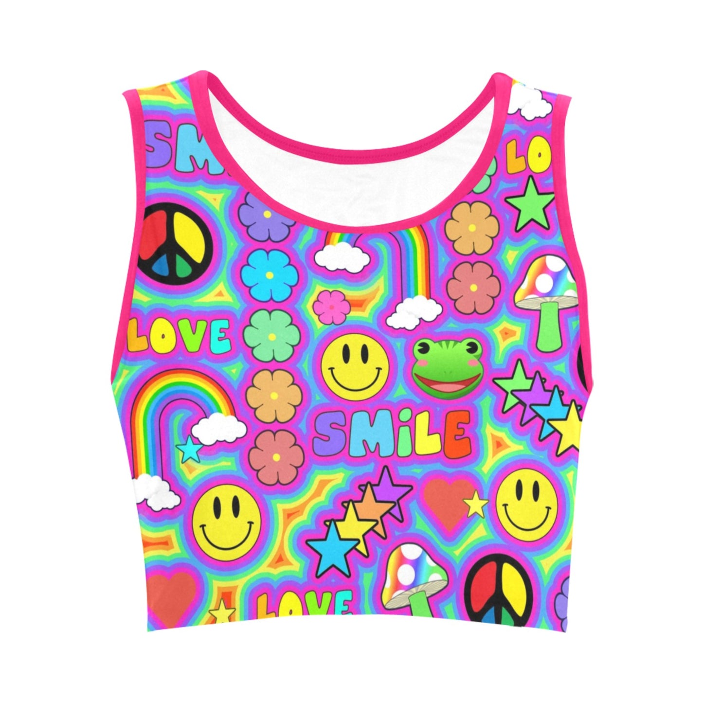 Kidcore_Rainbowcore_Harajuku_trippy rainbow love crop top on white background.