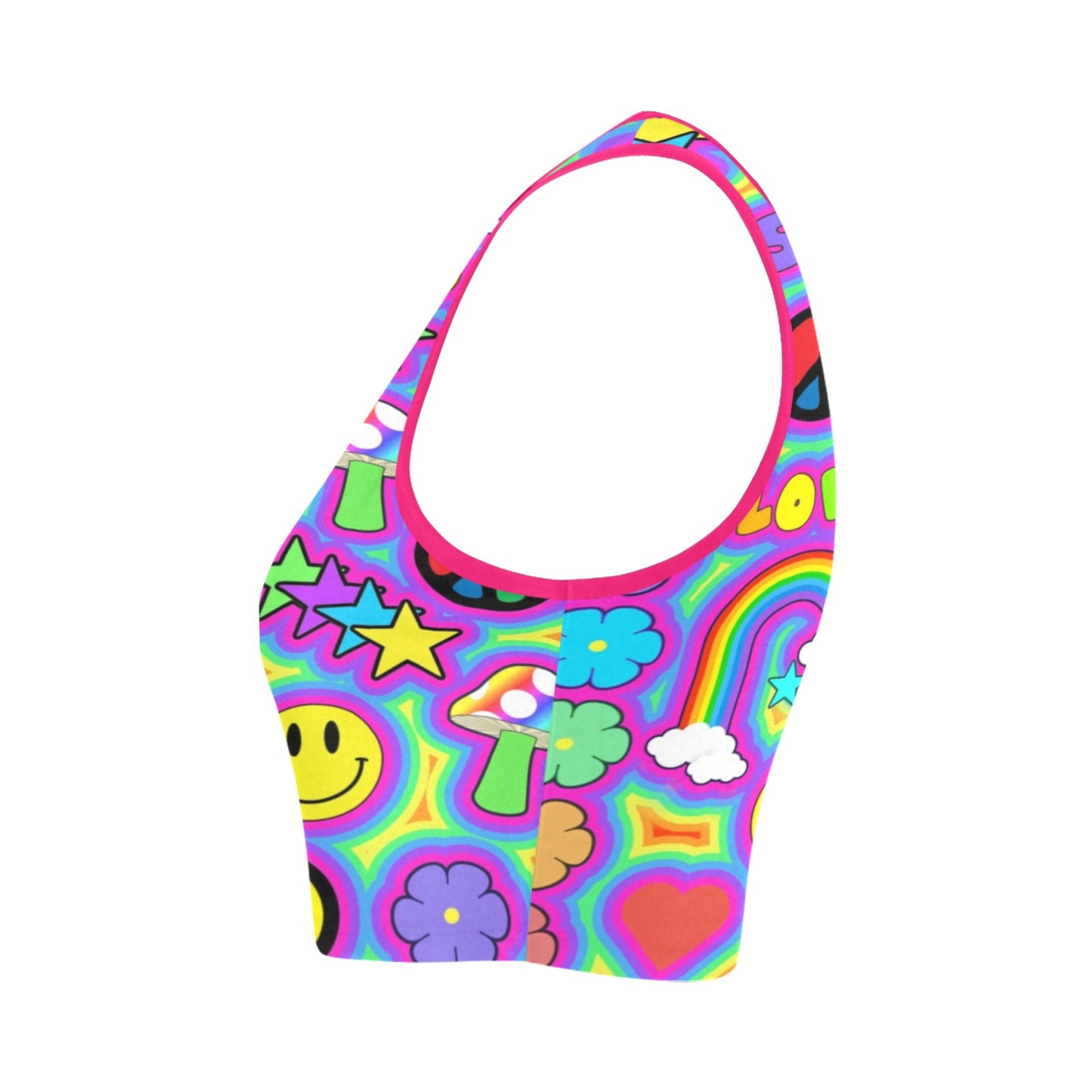 Kidcore_Rainbowcore_Harajuku_trippy rainbow love crop top on white background.