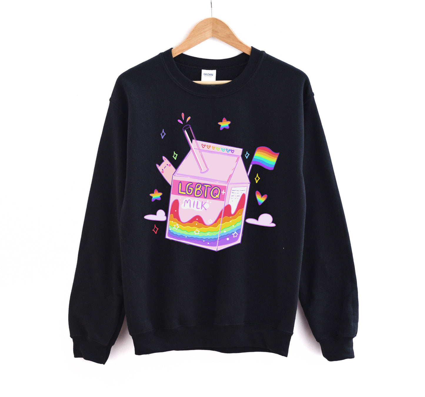 black kawaii t-shirt with lgbtq milk on white background.