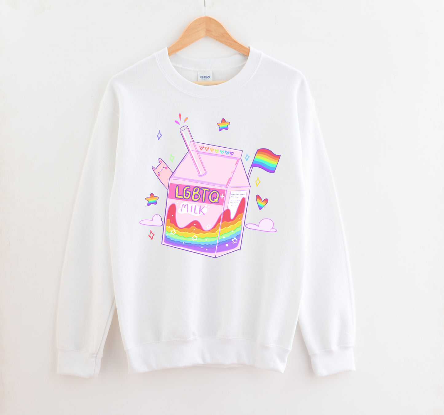 white kawaii t-shirt with lgbtq milk on white background.