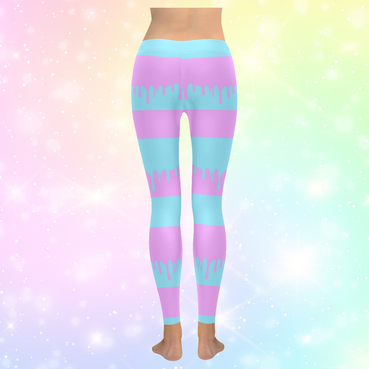 blue and pink pastel goth leggings displayed on coloured background