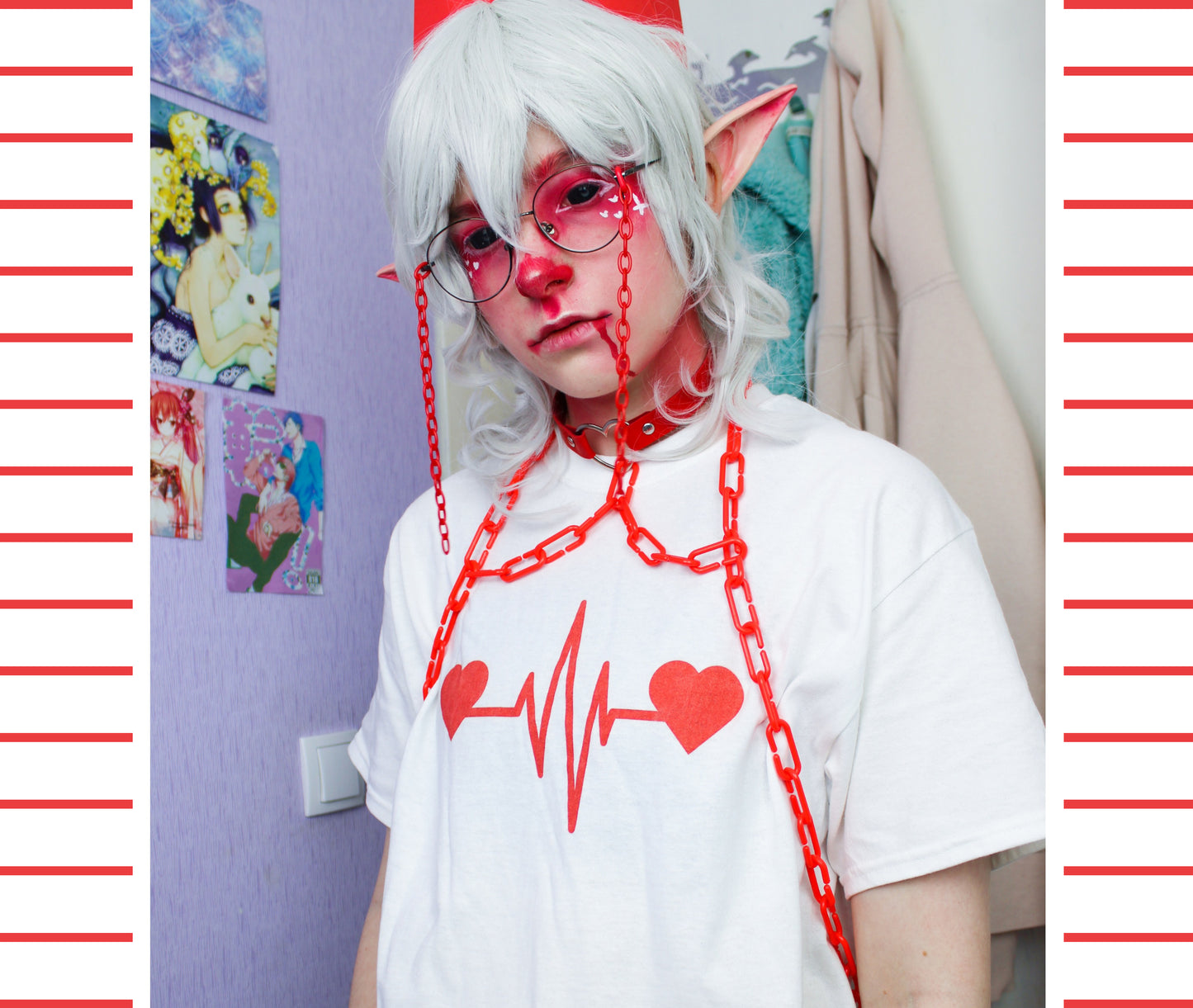 Young boy wearing a menhera kei t-shirt with heart desing.
