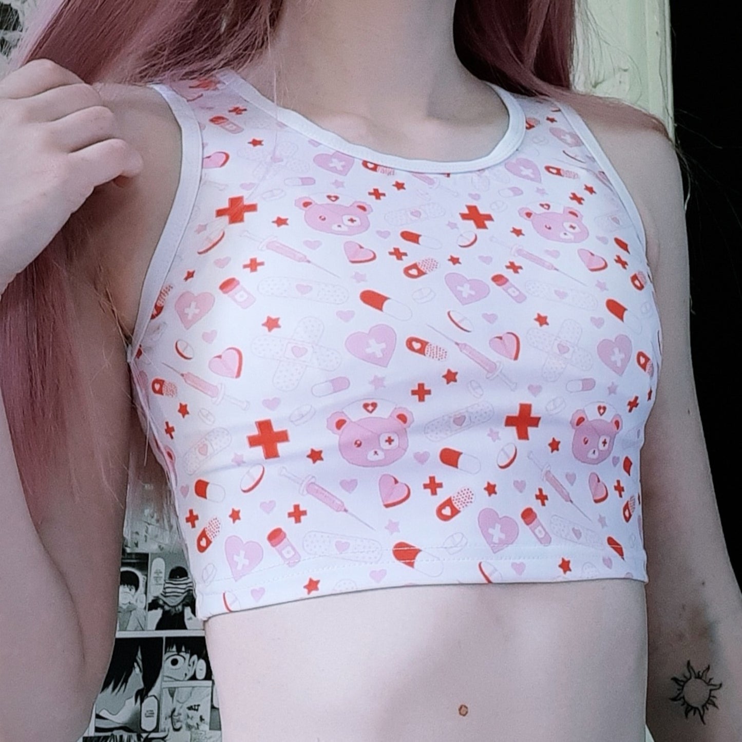 Girl dressed in menhera spooky white crop top