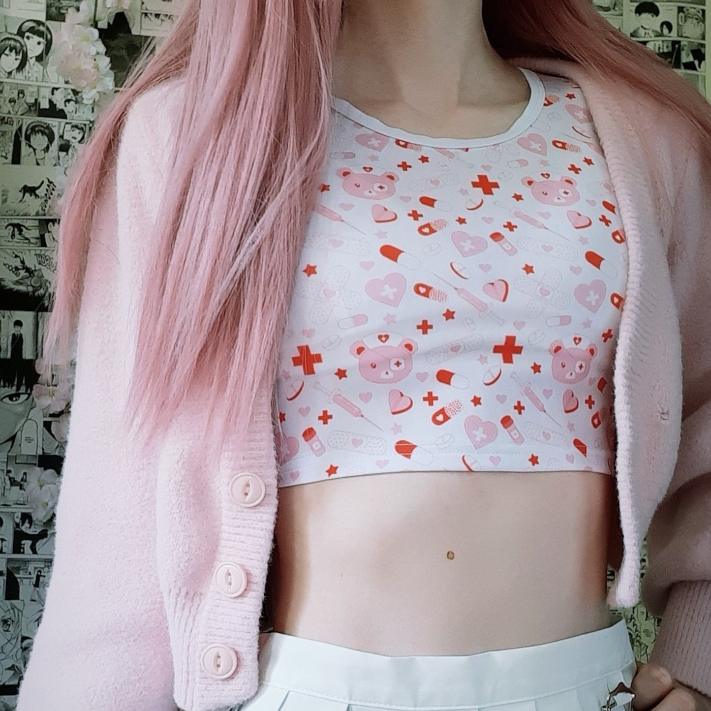girl dressed in menhera spooky white crop top
