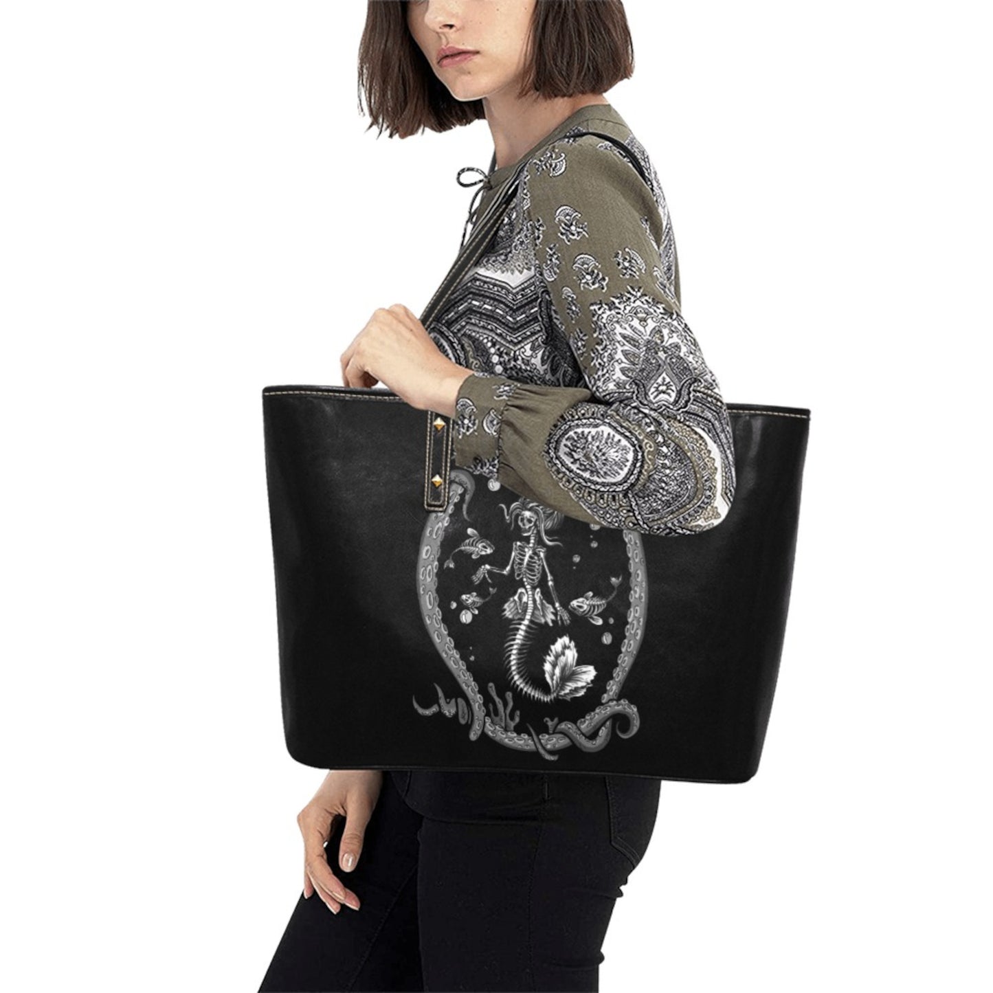 Skeleton Mermaid Goth Tote Bag Witchy Halloween Handbag Black Gothic Purses D2389113