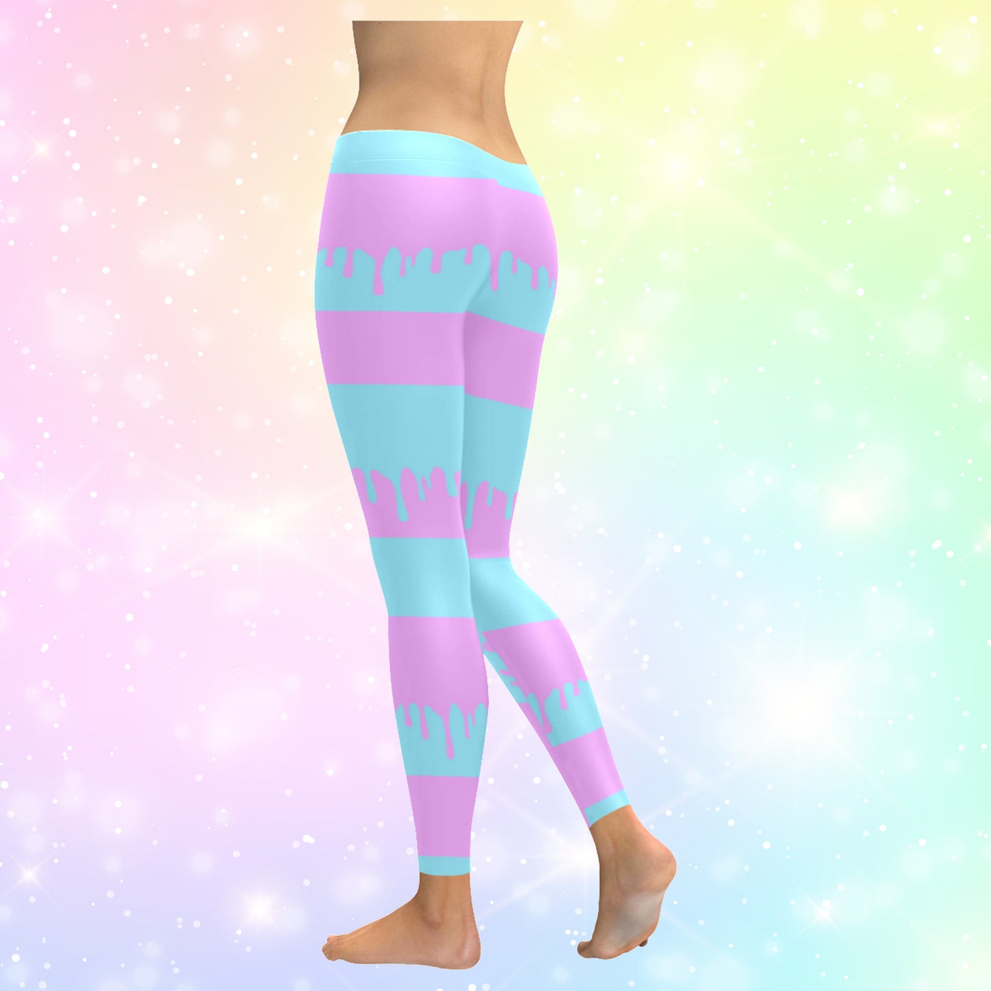 blue and pink pastel goth leggings displayed on coloured background