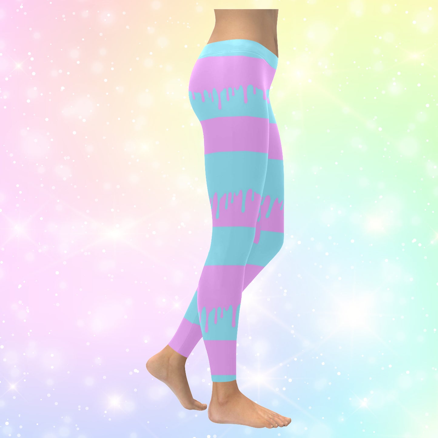 blue and pink pastel goth leggings displayed on coloured background