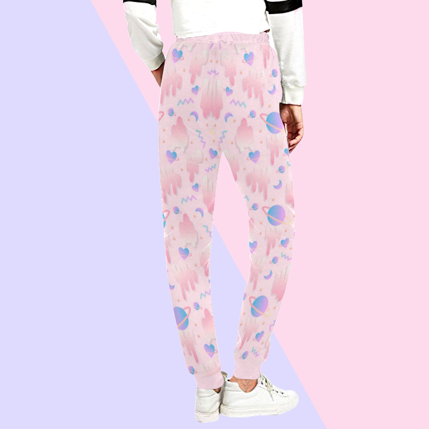 Pink pastel jogger displayed on pastel background.