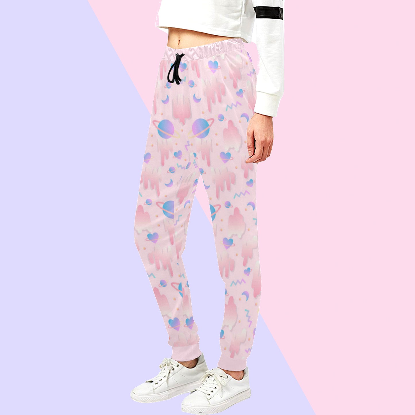 Pink pastel jogger displayed on pastel background.