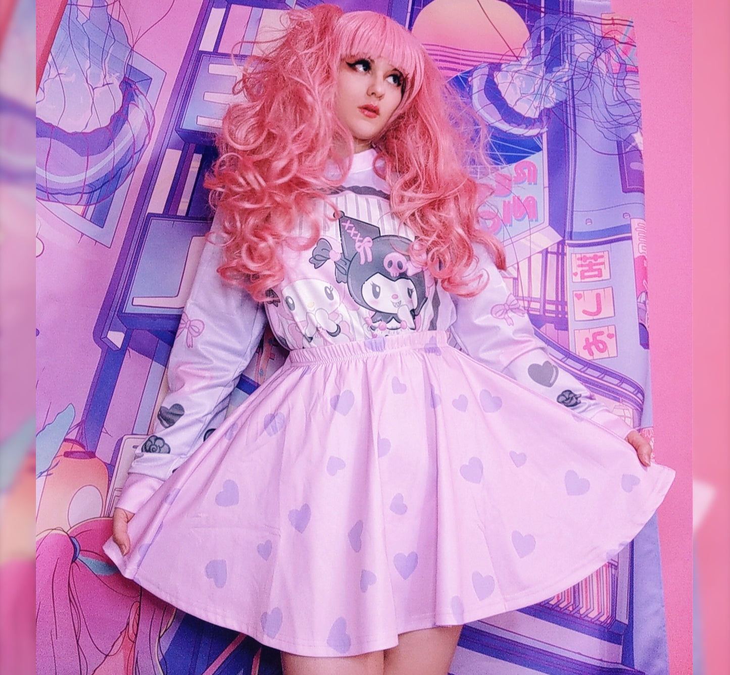 Young girl wearing a pastel kawaii skirt with purple hearts