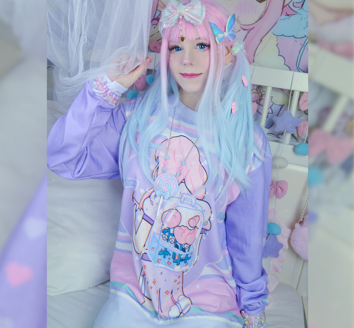 Youthful model wearing a pastel purple kawaii sweatshirt