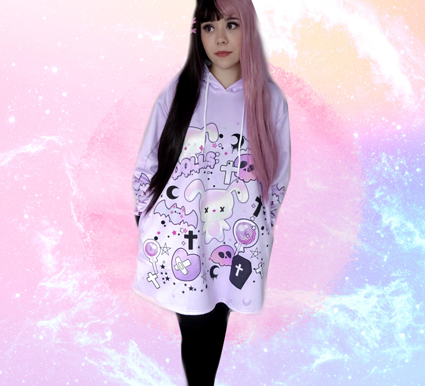 young model wearing a pastel goth Harajuku creepy cute bunny Halloween dress