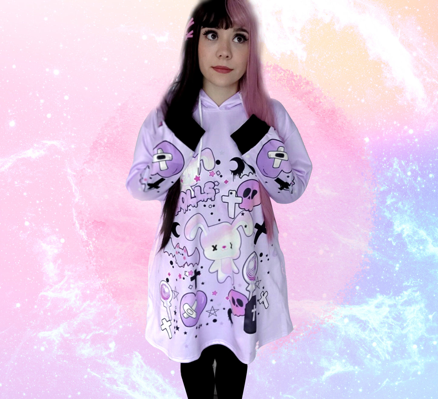 young model wearing a pastel goth Harajuku creepy cute bunny Halloween dress