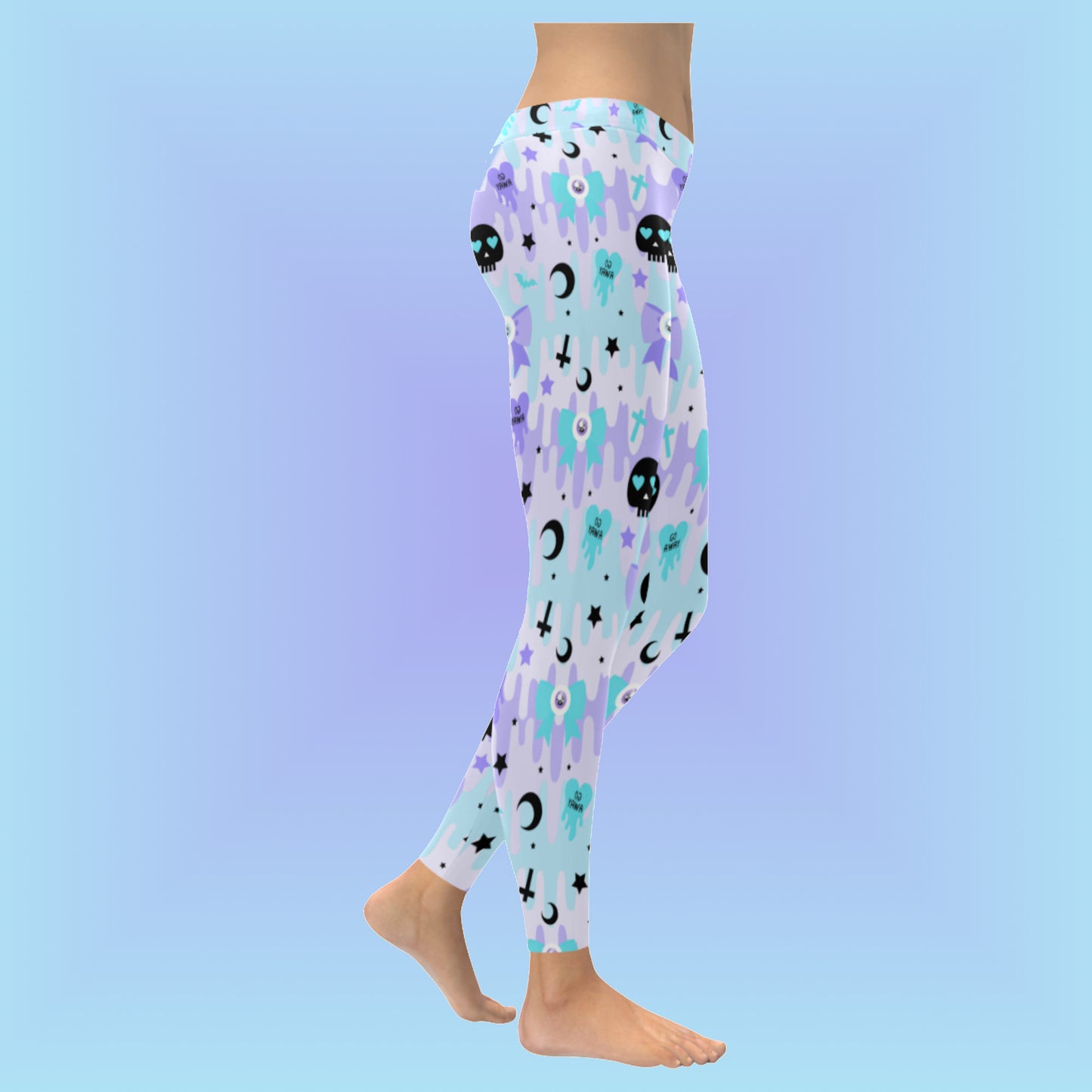 Youth model wearing pastel goth kawaii cute creepy leggings