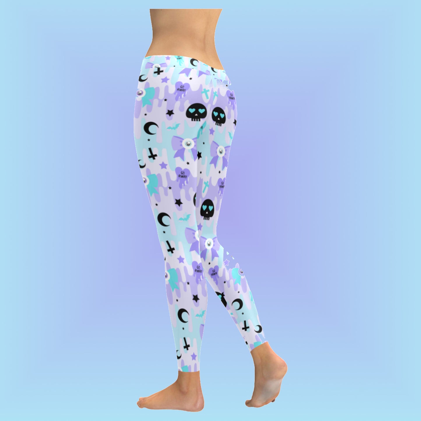 Youth model wearing pastel goth kawaii cute creepy leggings
